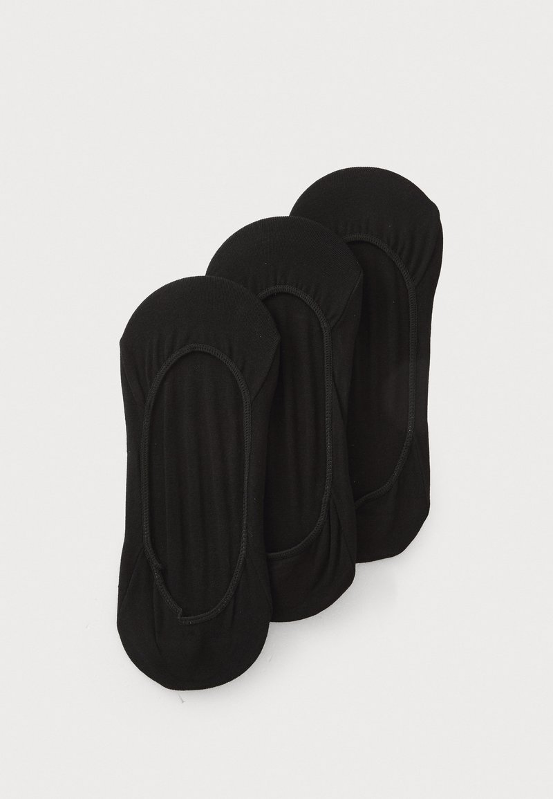 Sorte, lave sokker laget av myk stoff med elastiske kanter. Tre par vist, med et sømløst design og glatt tekstur.