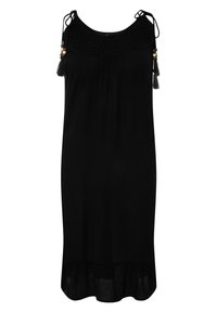 Vestido negro sin mangas con un cuerpo texturizado, tirantes ajustables y borlas decorativas. Diseño fluido con un dobladillo ligeramente acampanado.