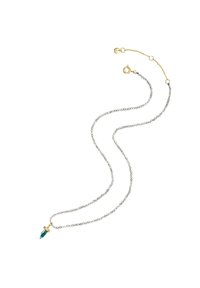 Collana di perline sfaccettate e trasparenti con chiusura in oro. Presenta un pendente in cristallo teal, che mette in risalto la combinazione di materiali e colori.