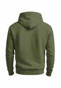 Plain olive green hoodie shown from the back with long sleeves and a hood, displayed on a white background.
