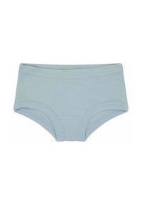 Slip di cotone azzurro chiaro con design senza cuciture, vita elastica e texture morbida. Presenta aperture per le gambe arrotondate e dettagli cuciti.