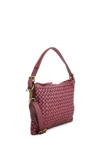 Woven leather crossbody bag in deep burgundy. Features a short handle and adjustable strap, with brass hardware and a zip closure.