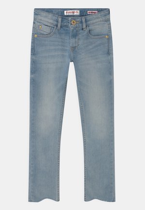 Jean skinny bleu clair avec fermeture par bouton et zip, poches avant et légère décoloration aux cuisses et aux genoux.