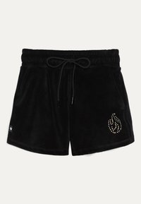 Shorts en velours noir avec une taille élastique et un cordon de serrage. Design notable de flammes en strass sur le bas à droite.