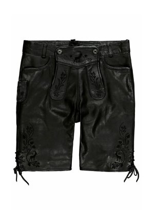 Zwarte leren shorts met ingewikkelde bloemembroideries op de zakken en zijkanten, voorzien van een brede tailleband en verstelbare zijstrikken.