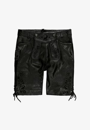 Czarne skórzane szorty z misternym haftem kwiatowym na kieszeniach i bokach, z grubym pasem w talii i regulowanymi wiązaniami po bokach.