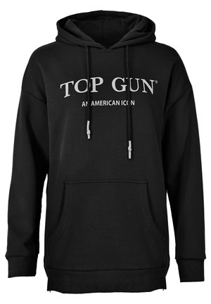 Sort hoodie med snoretræk, forlommer og teksten "TOP GUN AMERICAN ICON" trykt i hvid. Lavet af blødt, holdbart materiale.