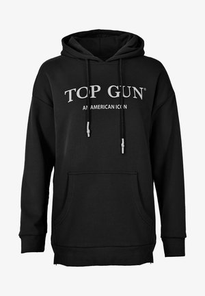 Sort hoodie med snoretræk, forlommer og teksten "TOP GUN AMERICAN ICON" trykt i hvid. Lavet af blødt, holdbart materiale.