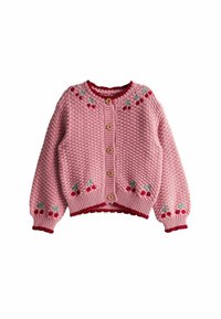 Cardigan rosa lavorato a maglia con un motivo testurizzato, accenti rossi e ricami a forma di ciliegia sulle spalle e sull'orlo. Presenta bottoni di legno.