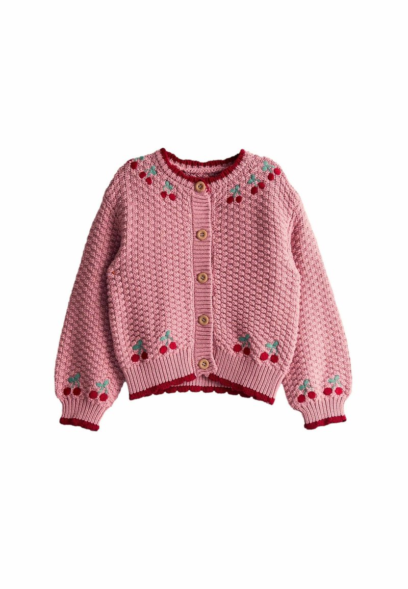 Cardigan rosa lavorato a maglia con un motivo testurizzato, accenti rossi e ricami a forma di ciliegia sulle spalle e sull'orlo. Presenta bottoni di legno.