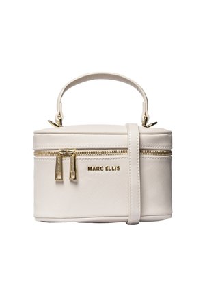 Borsa rettangolare color crema con manico superiore, doppia cerniera dorata e logo "Marc Ellis" sul davanti.