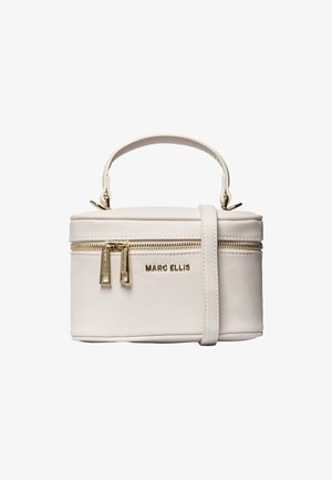 Sac à main rectangulaire crème avec poignée supérieure, double fermeture éclair dorée et logo "Marc Ellis" sur le devant.