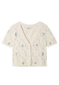 Short-sleeve, cream cardigan in a knit pattern with openwork. Features embroidered flowers in green and blue. Five button closure.