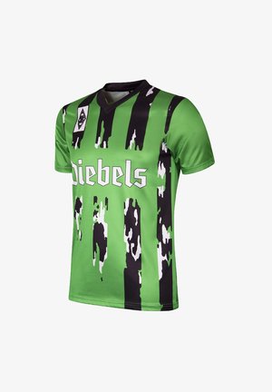 Groene en zwarte voetbalshirt met een camouflagepatroon, korte mouwen en een V-halsontwerp met witte letters "Diebels."