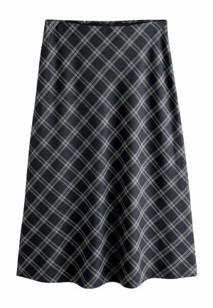 Jupe noire mi-longue avec un motif à carreaux diagonaux gris et un léger évasement en bas.