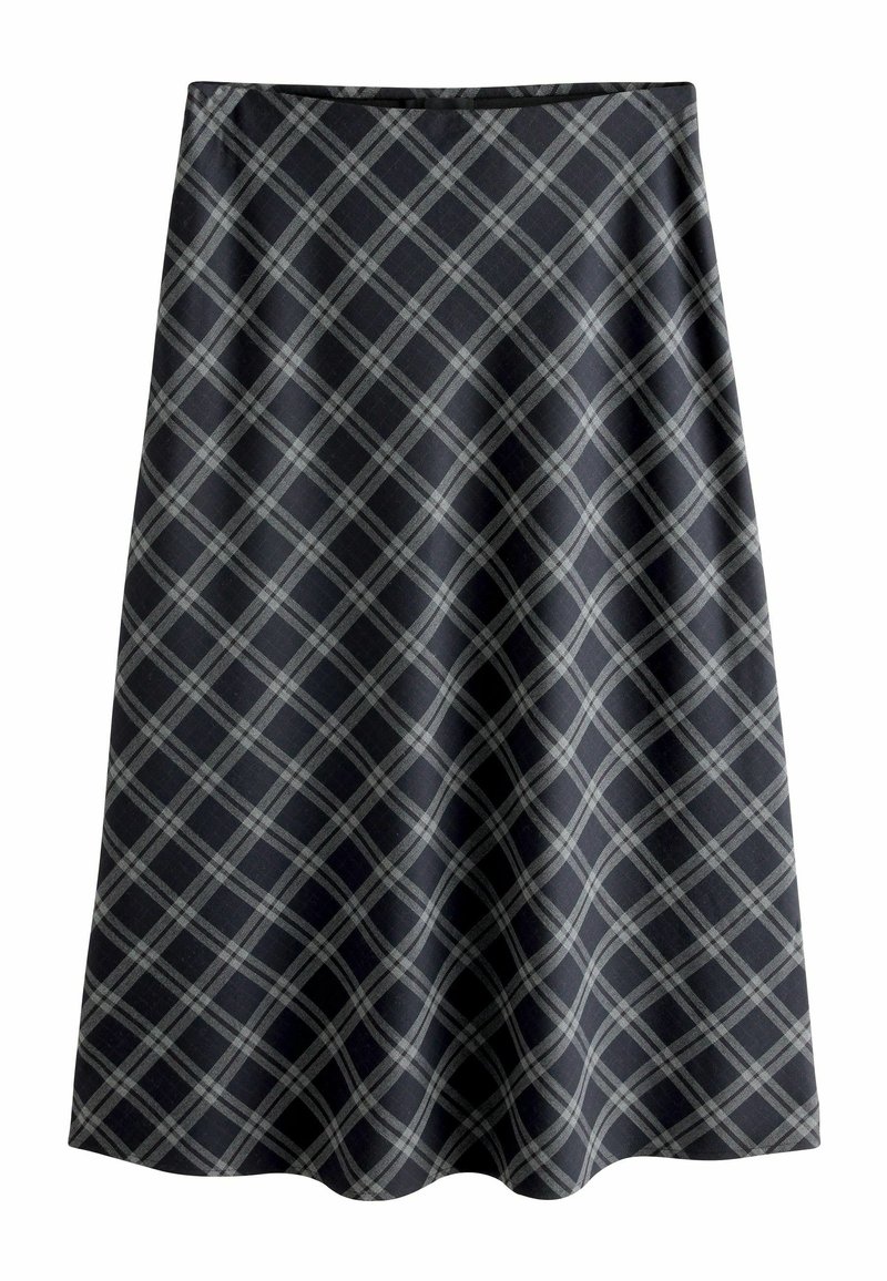 Jupe noire mi-longue avec un motif à carreaux diagonaux gris et un léger évasement en bas.
