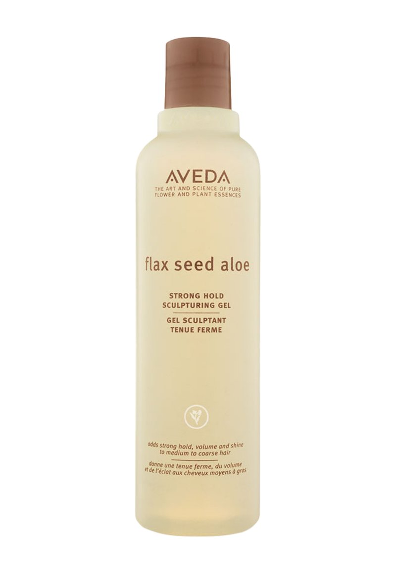 Aveda Flax Seed Aloe sculpting gel in een slanke, transparante fles. Lichtgele vloeistof, bruin deksel, met minimalistische bruine labeltekst.