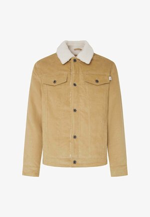 Vaaleanruskea corduroy-takki, jossa on pehmeä valkoinen shearling-kaulus, kahdella rintataskulla ja kuudella etupainikkeella. Kapean mitoituksen muotoilu.