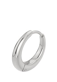 Silver hoop earring with a smooth, shiny finish. It features a rounded, seamless design and a secure closing mechanism.