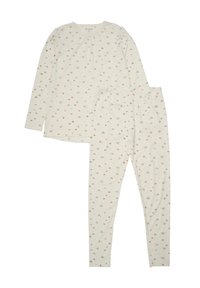 Crèmekleurige pyjama set bestaande uit een langermige top met een ronde halslijn en delicate bloemmotieven, gecombineerd met bijpassende legging met elastische taille.