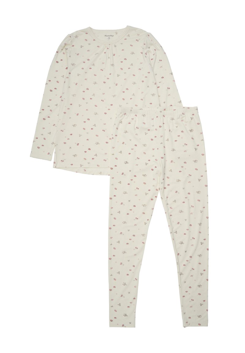 Kremowy zestaw piżamowy składający się z długiego rękawa bluzki z okrągłym dekoltem i delikatnym kwiatowym wzorem, w zestawie z dopasowanymi legginsami na elastycznej talii.