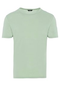 T-shirt verde chiaro a maniche corte realizzato in tessuto morbido, con scollo a girocollo e una superficie liscia. Nessun motivo o dettagli decorativi.