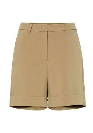 Beiga shorts med skräddarsydd design, platt fram och vikta manschetter. Tillverkade av mjukt tyg, med sidofickor och utan synlig hårdvara.