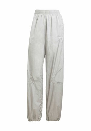 Light gray nylon track pants with an elastic waistband, tapered cuffs, and side panel detailing. Features a small logo on the front.