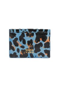 Portafoglio leopardato in blu e nero con accenti arancioni, realizzato in materiale testurizzato. Presenta un logo in rilievo dorato sul fronte.