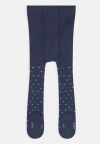 Collant navy con un motivo a pois di colore blu chiaro, blu scuro e grigio. Presenta una texture liscia e una punta e un tallone rinforzati.