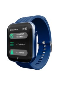 Orologio smartwatch blu con display touch rettangolare, cinturino in silicone, pulsante laterale, icone per chiamate, contatti e funzioni sullo schermo.