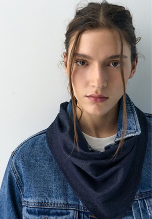 Tânăr cu păr castaniu, jachetă din denim și eșarfă albastru închis, privind înainte pe un fundal simplu gri deschis.