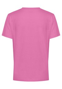 T-shirt en coton rose, à manches courtes, avec un col rond et une texture lisse. Aucun motif ni détail supplémentaire observé.