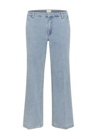 Vaaleansiniset leveälahkeiset farkut korkealla vyötäröllä, joissa on vetoketjukiinnitys ja vyölenkit, sileä pinta ja ei näkyviä kuvioita.