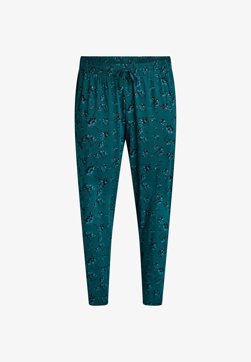 Pantalons à motifs floraux turquoise en tissu doux, dotés d'une taille élastique avec cordon de serrage et de jambes fuselées.
