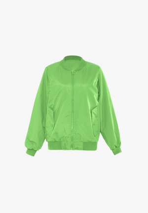 Giacca bomber verde in nylon lucido con colletto, polsini e orlo a coste; presenta due tasche laterali e una chiusura con zip.