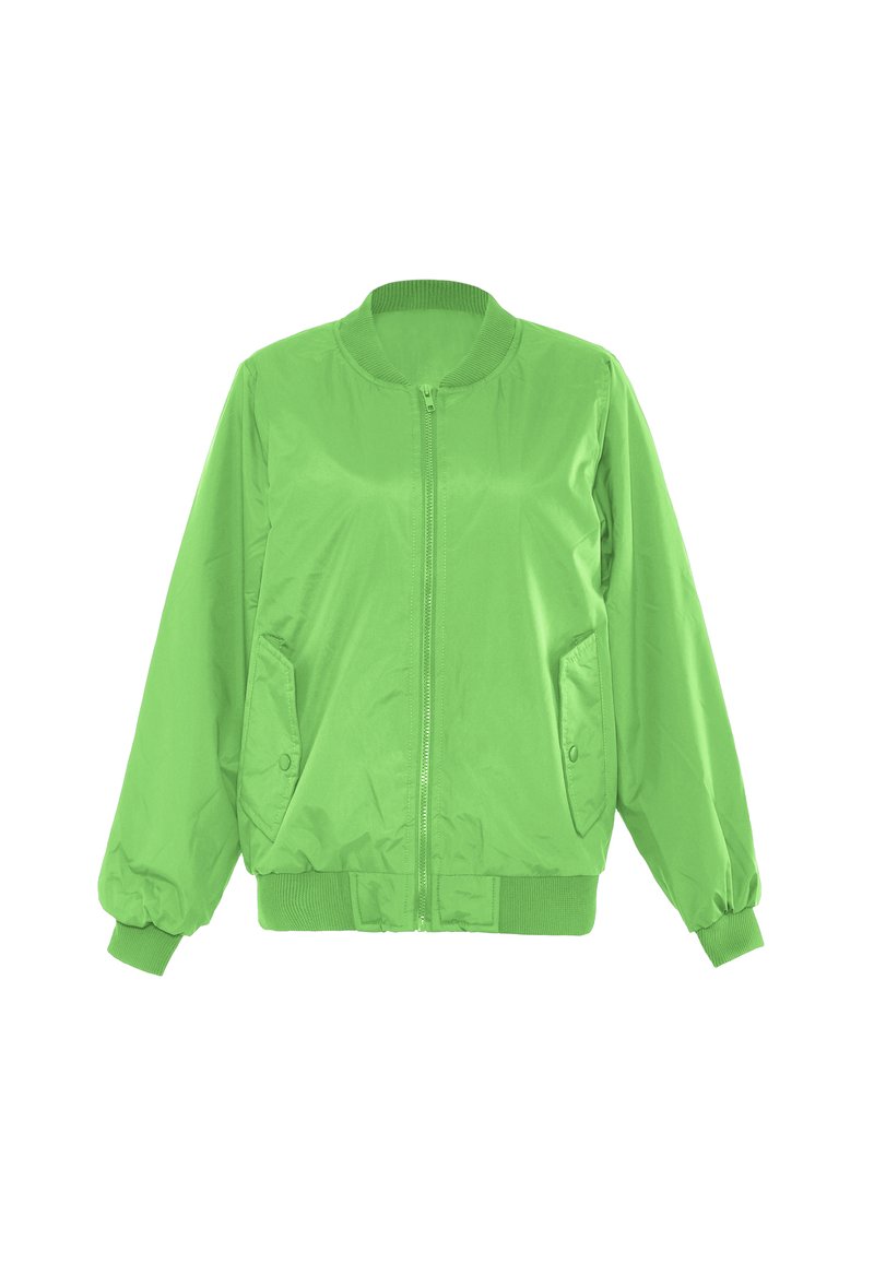 Groene bomberjack van glanzend nylon met een geribde kraag, manchetten en zoom; voorzien van twee zijzakken en een rits aan de voorkant.