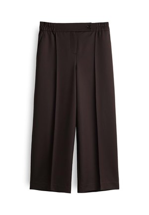 Donkerbruine wijde broek met een knoopsluiting in de taille en plooien, plat weergegeven tegen een witte achtergrond.