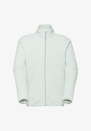 Fleecejacke in hellem Mintgrün, mit einem durchgehenden Reißverschluss, hohem Kragen, zwei Fronttaschen und dezentem Branding auf der Brust.