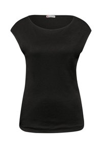 Haut noir pour femmes à manches courtes, col rond et coupe ajustée, étiquette "Street One" à l'intérieur du col à l'arrière.