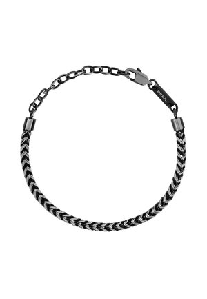 Bransoletka łańcuszkowa z plecionym wzorem w kolorze czarnym i srebrnym, z czarnym zapięciem oraz zawieszką z nazwą marki "BREIL."