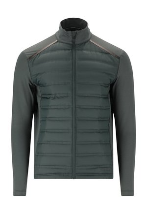 Polstret jakke i mørkegrøn med høj krave, tætsiddende lange ærmer og lynlås foran. Glat stof med et tekstureret, quiltet mønster.