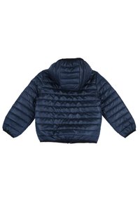 Námorně modrá péřová bunda s kapucí, s prošívanou texturou a elastickými manžetami, navržená pro teplo a pohodlí.