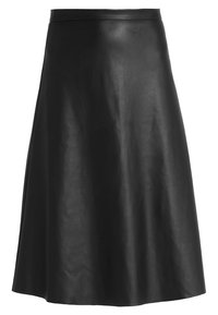 Svart läder midi-kjol med en slät textur, utsvängd form och en åtsittande midja. Enkel design utan synliga mönster eller metalldelar.