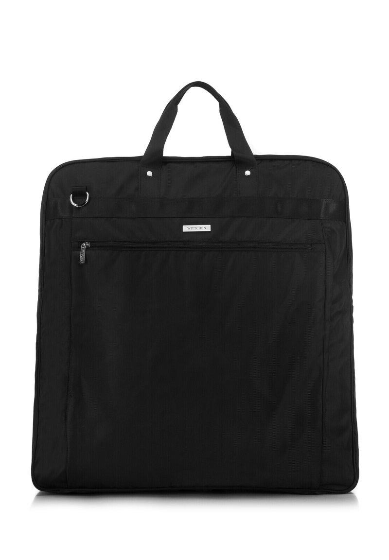 Borsa per abbigliamento in nylon nero con doppi manici superiori, tasca esterna con zip, dettagli in metallo e una texture liscia.