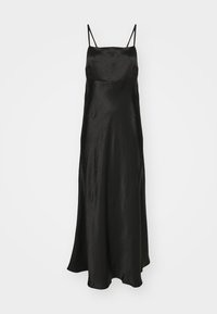 Svart satin maxi kjole med tynne stropper, en tettsittende overdel og et flytende skjørt. Jevn tekstur med en svak glans og en elegant silhuett.