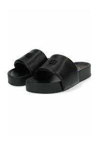 Chanclas negras de slide con parte superior amplia y lisa de material sintético. Presentan un acento de logotipo cuadrado minimalista y una suela gruesa y redondeada.