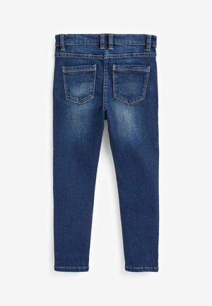 Tmavomodré denims nohavice s hladkou textúrou, dizajnom s piatimi vreckami a jemným vyblednutím na zadnej strane, s klasickým pásom a zakončenými nohavicami.