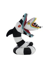 Jouet en peluche en forme de serpent avec une grande bouche ouverte. Présente des rayures noires et blanches, des crocs colorés et des détails d'yeux éclatants.