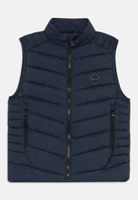 Gilet sans manches matelassé bleu marine avec zip avant, deux poches latérales zippées et logo en forme de diamant Hackett sur la poitrine.